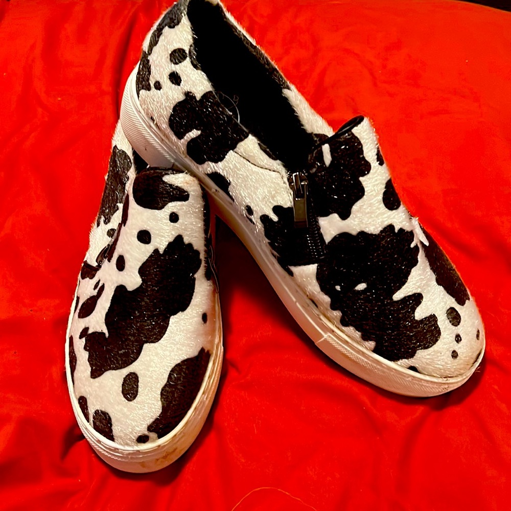 Southern Fried Chics cow print slip ons